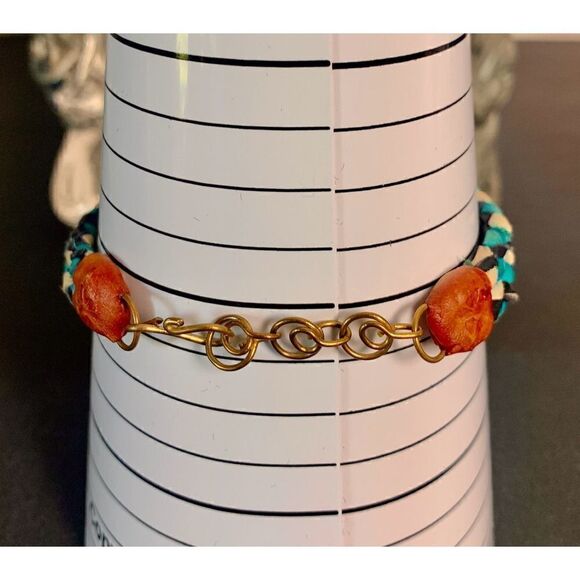 Vintage 90s Turquoise Blue Marble braided Leather Bracelet, Unmarked - Picture 3 of 4